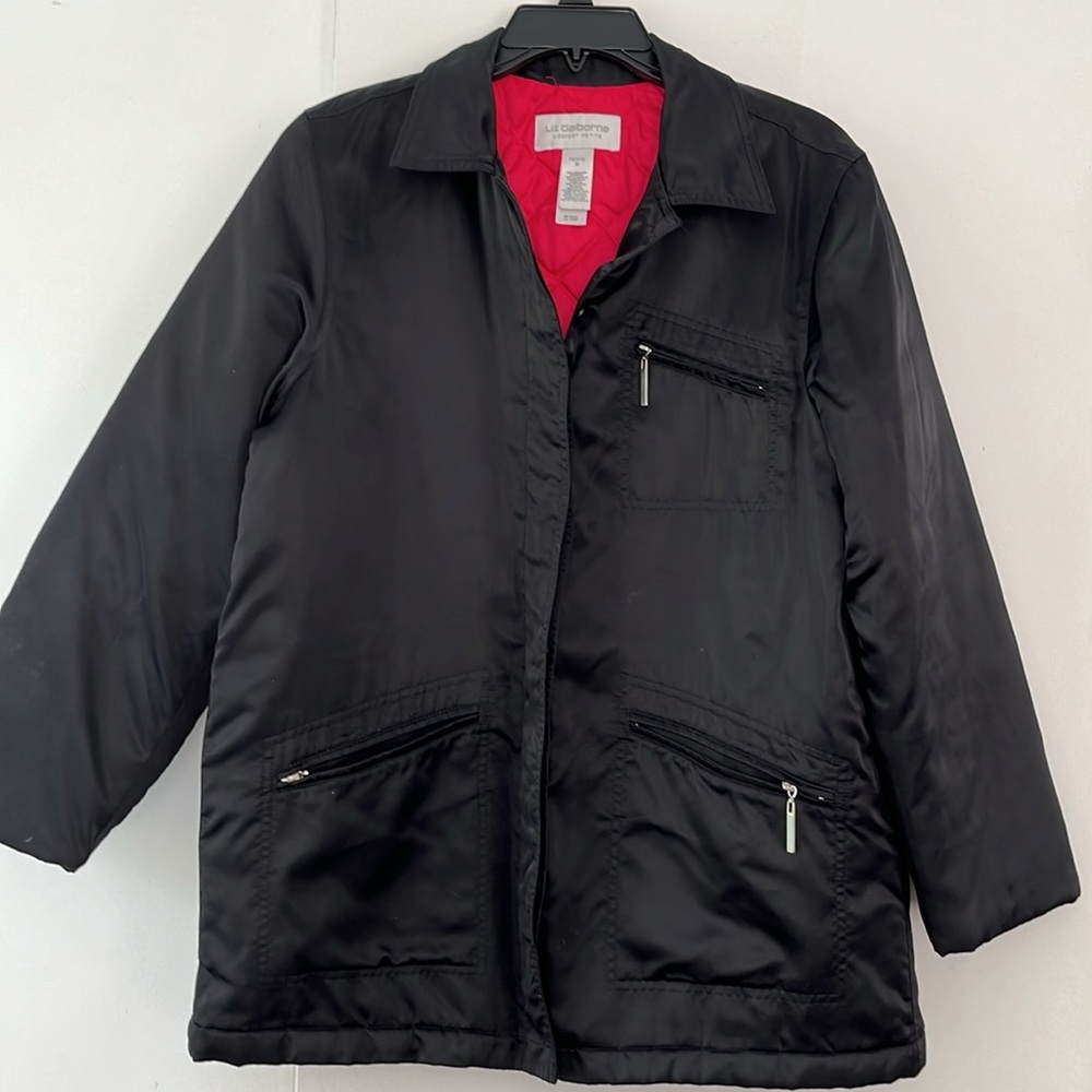 Liz Claiborne medium weight jacket.  black with pink quilted lining